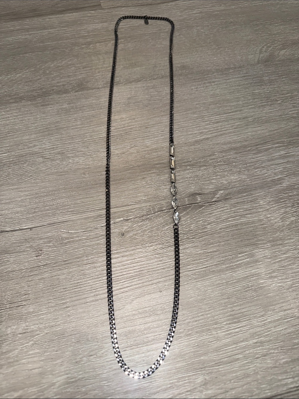 New RARE Lisa Freede Gunmetal Long Cuban Chain Necklace with Crystal Baguettes